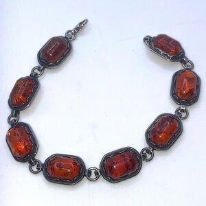 VTG Sterling & Amber Cabochon Link Bracelet Scalloped Setting - 7”
